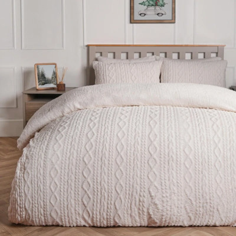 Image of OHS OHS Cable Knit Fleece Duvet Cover Set Warm Reversible Bedding in Natural Size: Double Natural Double Unisex 5027434222391