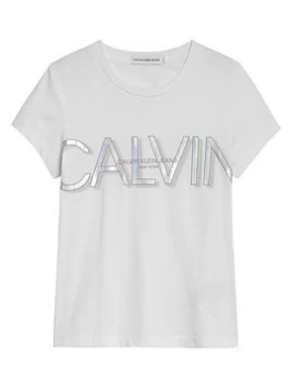 Image of Calvin Klein Jeans Girls Calvin Logo Cropped T-Shirt - Bright White, Bright White, Size Age: 16 Years, Women