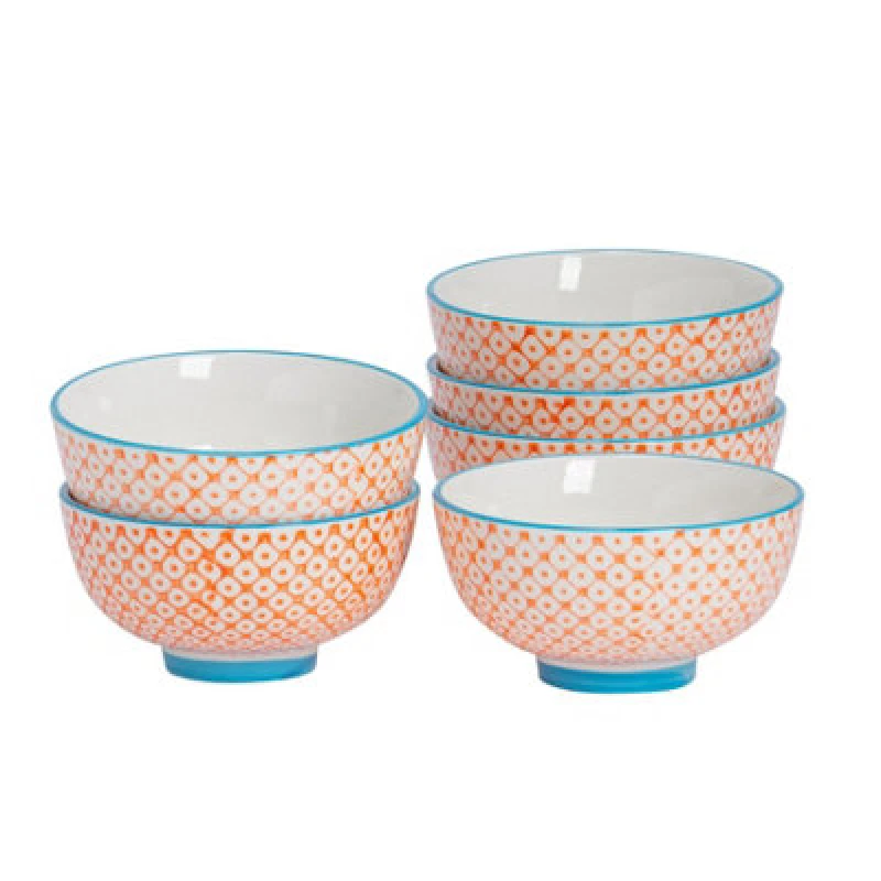 Image of Nicola Spring Hand-Printed Rice Bowls - 12Cm - Orange - Pack Of 6