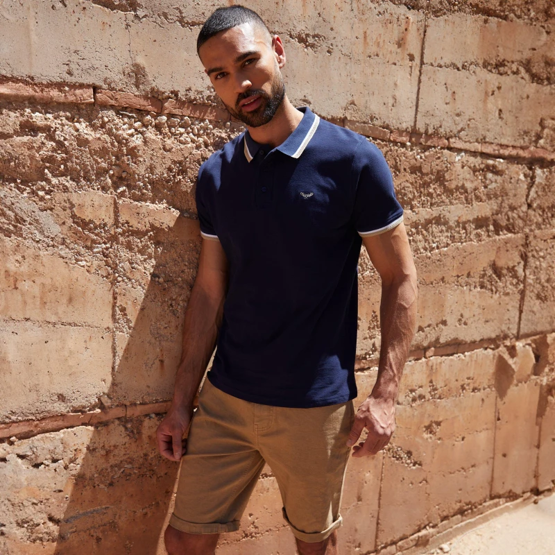Image of Threadbare Herringbone Tipping Cotton Pique Polo Shirt - Blue Blue M