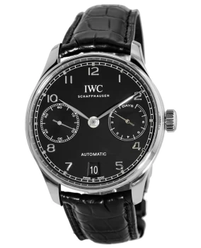 Image of IWC Portugieser Automatic 7 Day Power Reserve Black Dial Leather Strap Mens Watch IW500703 IW500703