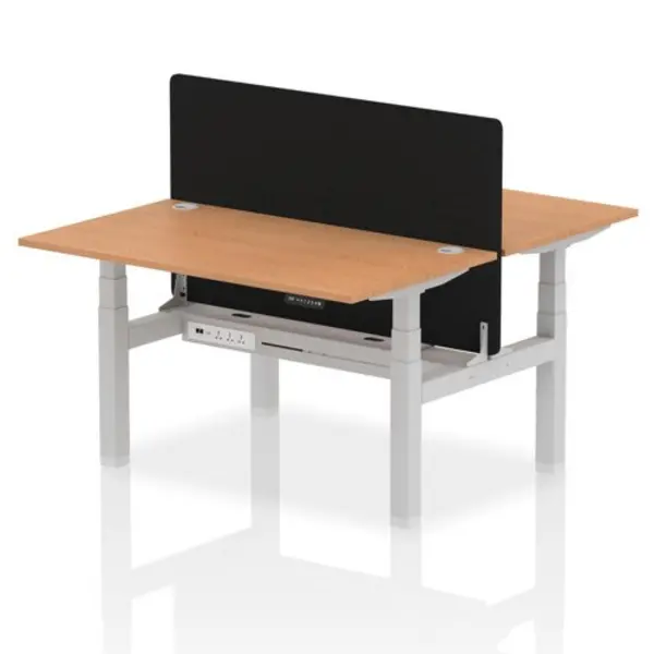 Image of Air Air Back-to-Back 1400 x 800mm Height Adjustable 2 Person Bench Desk Oak Top with Cable Ports Silver Frame with Black Straight Screen HASCP2P14800