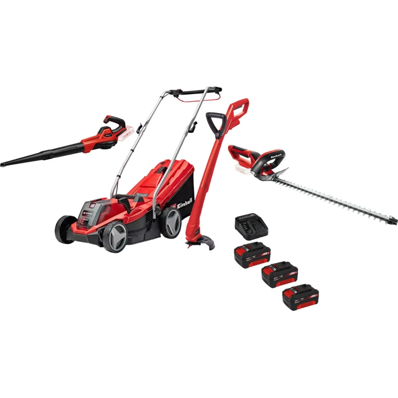 Image of Einhell GE-CM 18v Cordless Rotary Lawnmower, Blower, Grass and Hedge Trimmer Kit 3 x 4ah Li-ion Battery Charger GE-CMKIT3