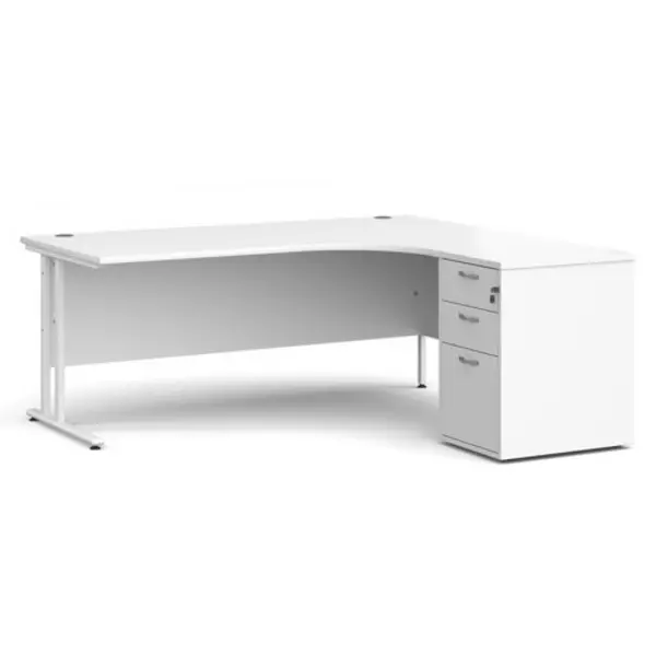 image of Office Desk Right Hand Corner Desk 1800mm With Pedestal White Top With White Frame Maestro 25