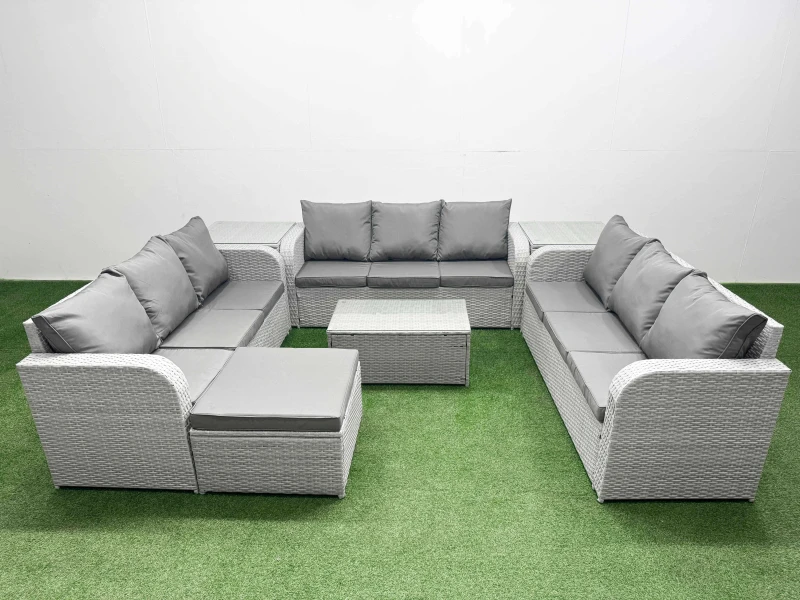 Image of Fimous PE Rattan Lounge Sofa Set 10 Seater Outdoor Garden Furniture Set with Rectangular Coffee Table 3 Seater Sofa Big Footstool 2 Side Table Light G