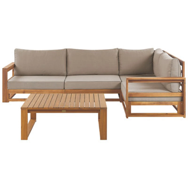 Image of Beliani Garden Corner Sofa With Table 4 Seater Timor Left Hand Modular Certified Acacia Wood Light Brown