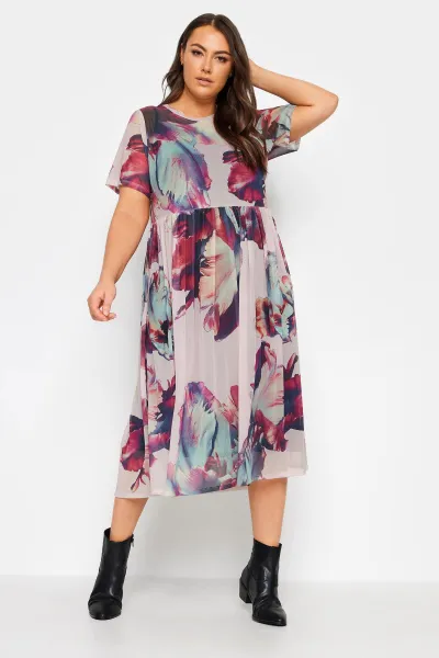 Image of Yours Abstract Printed Mesh Double Layered Smock Dress, Blue, Size 22-24, Women