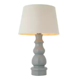 image of Provence & Cici Base & Shade Table Lamp Blue Grey Glaze, Satin Nickel Plate & Ivory Linen Fabric