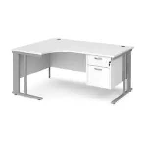 image of Office Desk Left Hand Corner Desk 1600mm With Pedestal White Top With Silver Frame 1200mm Depth Maestro 25 MCM16ELP2SWH