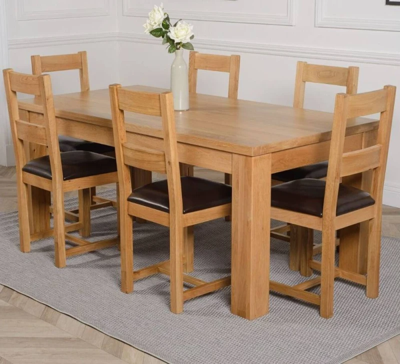 Image of Thats Furniture Dakot 182 x 92cm Oak Large Dining Table & 6 Lincoln Chairs in Brown Size: 182 x 92cm Brown Unisex 182 x 92 cm