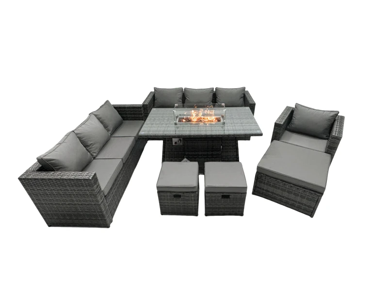 Image of Fimous Rattan Garden Furniture Firepit Dining Set 7 Seater Lounge Sofa Table Set with 3 Footstool Dark Grey