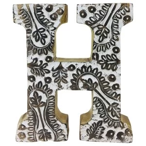 Letter H Hand Carved Wooden White Flower