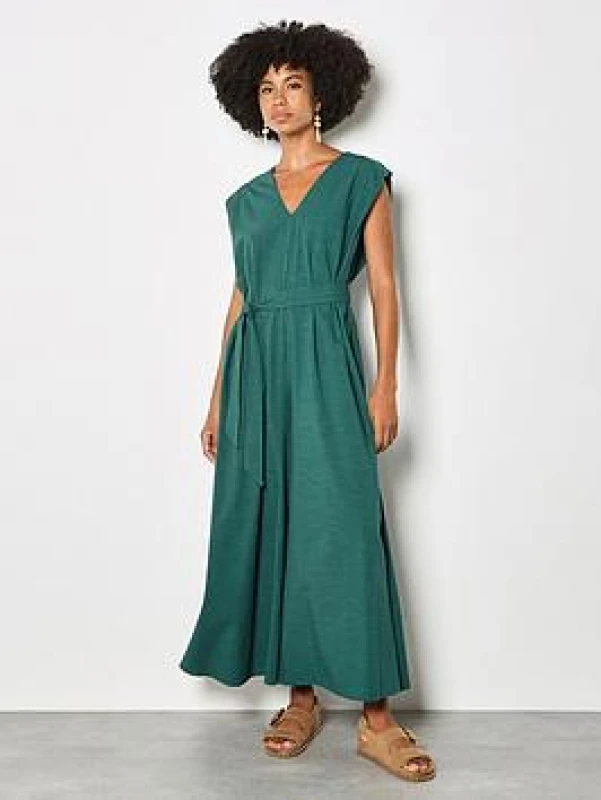 Image of Apricot Wide Leg V-Neck Belted Jumpsuit - Green Green X27MX Female L,M,S