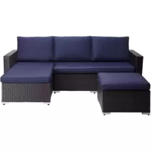 Image of Teamson Home - Outdoor Garden Furniture, 3 Piece Rattan Wicker Patio Sectional Sofa Set with Loveseat, Chaise Lounge, Table, and Cushions, Brown/Blue