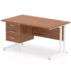 Image of Impulse 1400 Rectangle White Cant Leg Desk WALNUT 1 x 3 Drawer Fixed