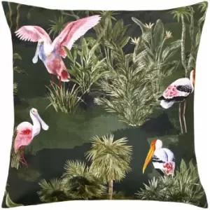 image of Paoletti Platalea Jungle Print 100% UV & Water Resistant Outdoor Cushion Cover, Bottle Green, 43 x 43 Cm