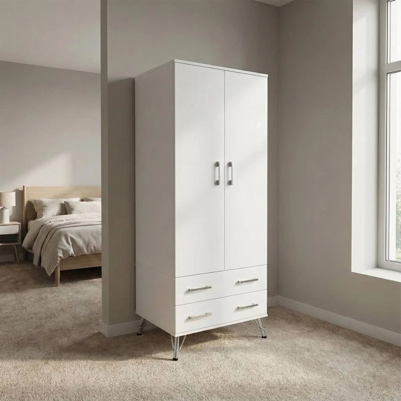 Image of FWStyle Maldon 2 Door Double Wardrobe With 2 Drawers Matt White White Unisex