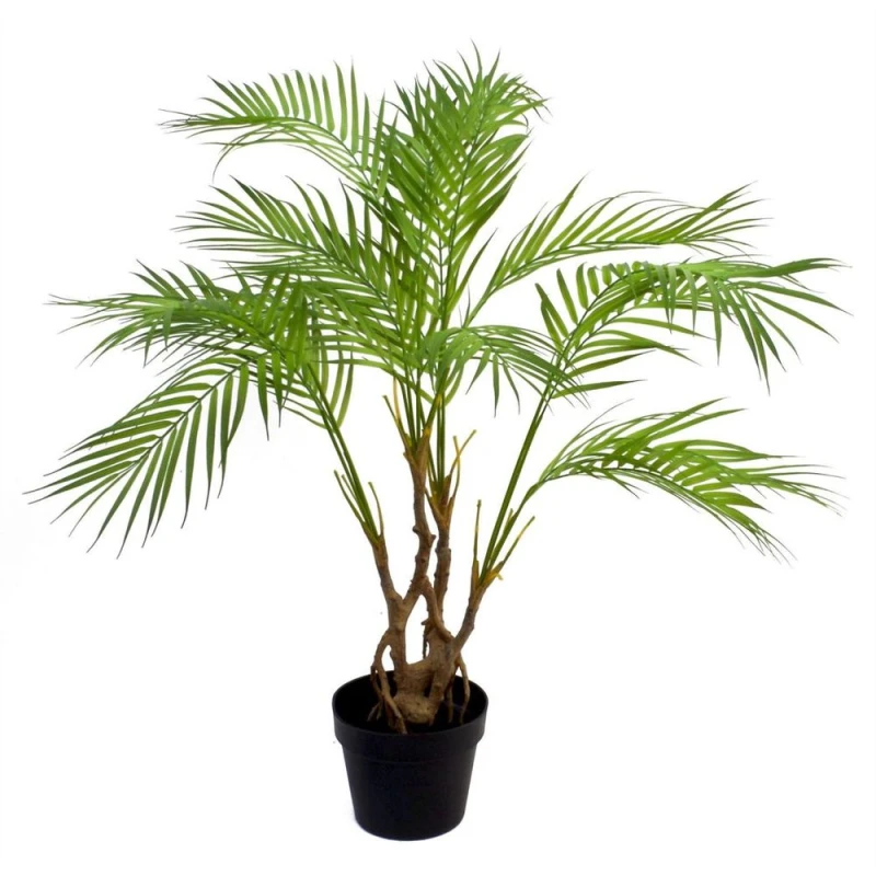 Image of Leaf 90cm Artificial Areca Palm Plant Realistic Detail Trunk with Silver Metal Plater Green