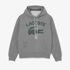 image of Lacoste Mens Loose Fit Crocodile Hooded Sweatshirt Size 4 - M Grey Chine