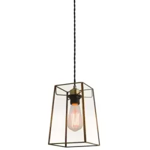 image of Hanging Ceiling Pendant Light Antique Brass & Square Glass Shade Sleek Box Lamp