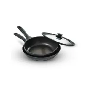 image of Nadiya X Prestige Nesting Frying Pan Twinpack - 24Cm And 26Cm - With Universal Lid