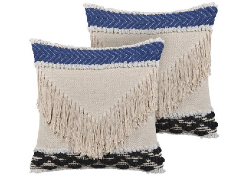 Image of Beliani Set Of 2 Decorative Cushions Sofca Cotton 45 X 45cm Beige Geometric Pattern
