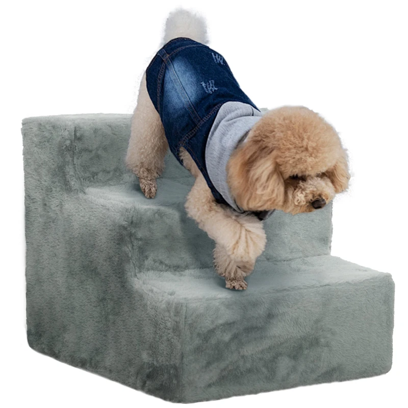 Image of PawHut Three-Step Portable Dog Stairs w/ Washable Plush Cover, Grey D06-091V01LG