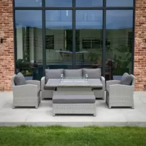 image of Santiago Rattan Sofa Dining Set - With Rising Firepit Table - White Wash