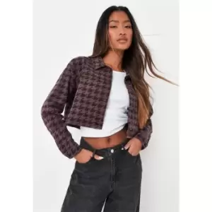 image of Missguided Houndstooth Print Crop Denim Jacket - Brown