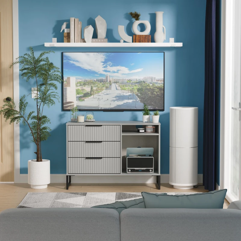 Image of Fluted 3 Drawer TV Unit in Dusk Grey - Ready Assembled - Lewis's Home TJ Hughes 5056812208412