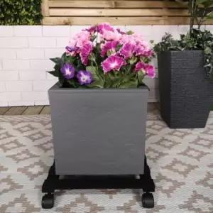 image of 35cm Black Square Wooden Garden Plant Pot Flower Trolley Stand On Wheels