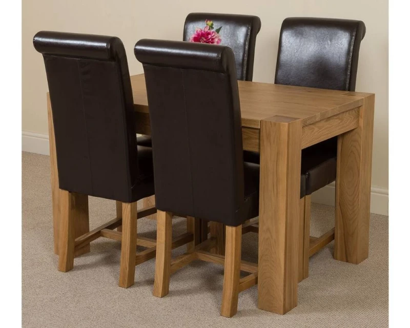 Image of Thats Furniture Kuba 125x80cm Chunky Oak Small Dining Table & 4 Washington Leather Chairs in Brown Size: 125x80cm Brown Unisex 125x80 cm