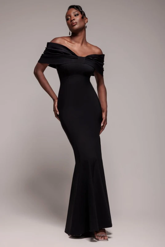 Image of Goddiva Womens Bardot Bow Neck Maxi Dress in Black Size: 6 Black Female 6