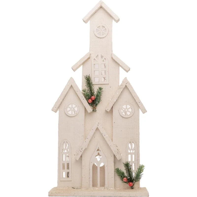 Image of Shatchi 51cm Battery Powered Warm White LEDs Wooden Tower House Snow Covered Cottage Village Indoor Christmas Decorations, Wood White