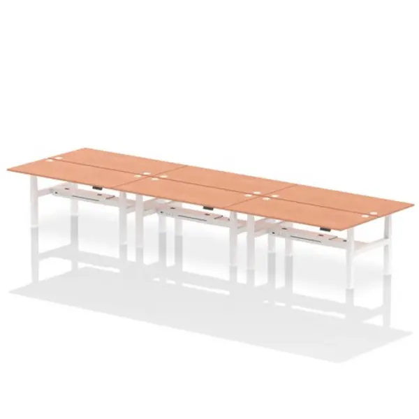 Image of Air Air Back-to-Back 1800 x 800mm Height Adjustable 6 Person Bench Desk Beech Top with Cable Ports White Frame HASCP6P18800BCHW