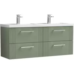 image of Nuie Deco Satin Green 1200mm Wall Hung 4 Drawer Vanity Unit with Double Basin - DPF893C - Satin Reed Green