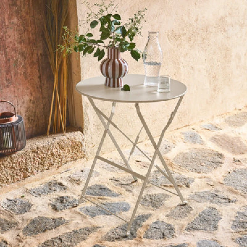 Image of Sweeek - Folding Metal Bistro Garden Table Diam.60Cm Seats 2 Emilia 60Cm Beige 60X60X71 Cm