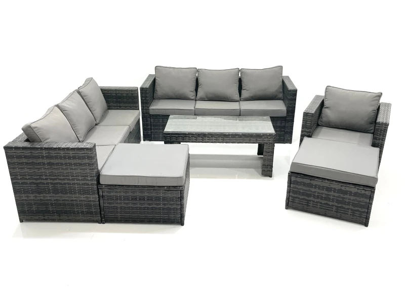 Image of Fimous 9 Seater Rattan Garden Outdoor Furniture Set with 3 Seater Sofa Coffee Table 2 Big Footstool Dark Grey