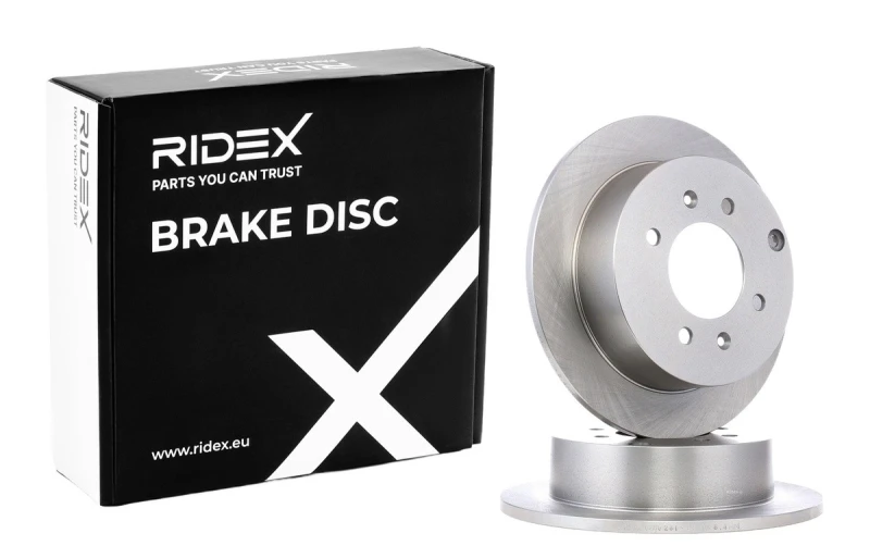 Image of RIDEX 82B0281 Brake disc Rear Axle, solid, Cast Iron, Uncoated, Untreated, without bolts/screws Cast Iron Brake Disc (82)