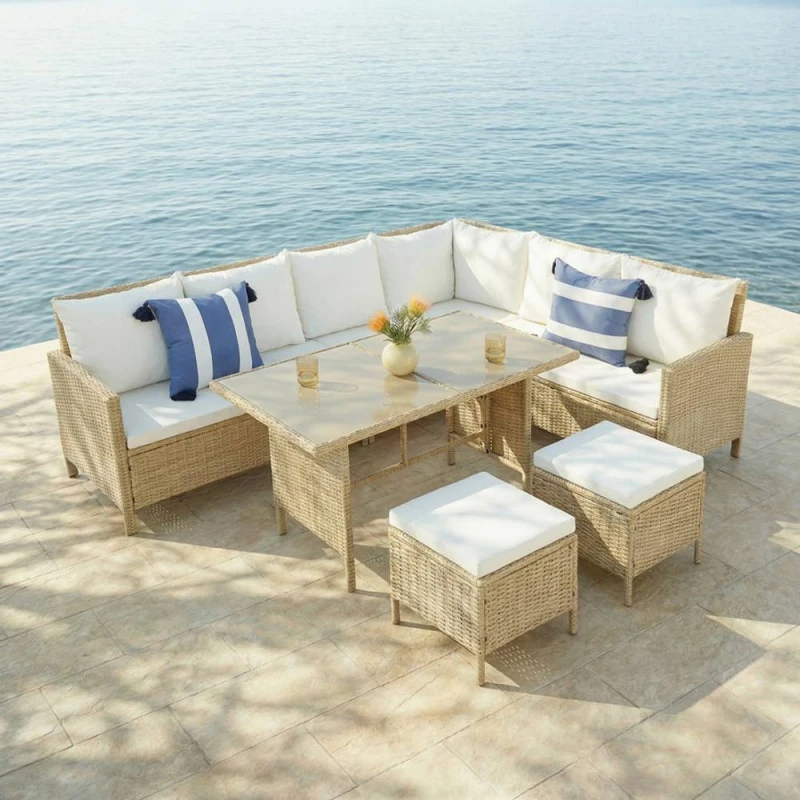 Image of Home Garden Direct Thalia Rattan Corner Sofa 8 Seater Glass Table Natural Natural Unisex