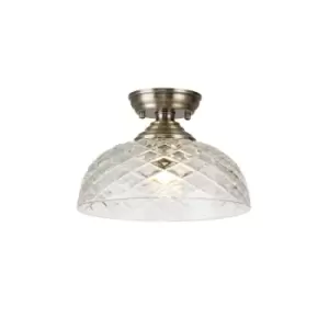 image of Dresden Flush Ceiling Lamp E27 With Flat Round 30cm Patterned Glass Shade Antique Brass, Clear