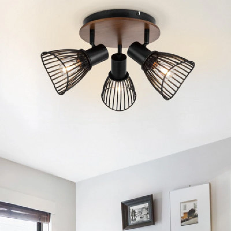 Image of Cosylyte Hadley 3 Light Matt Black Wire Shade Spotlight With Wooden Backplate