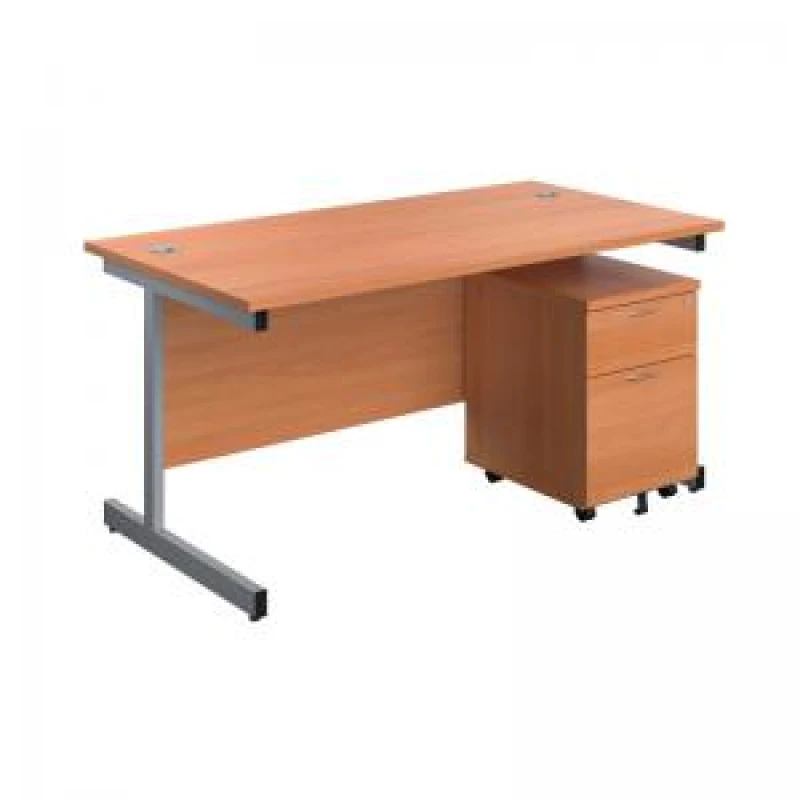 Image of First Single Desk with 3 Drawers Pedestal 1600x800mm Beech/Silver KF803584