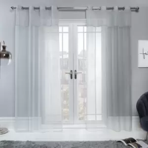 Image of Sienna Pair Lurex Sparkle Glitter Voile Net Curtain Eyelet Top Silver Grey Panel Silver Grey