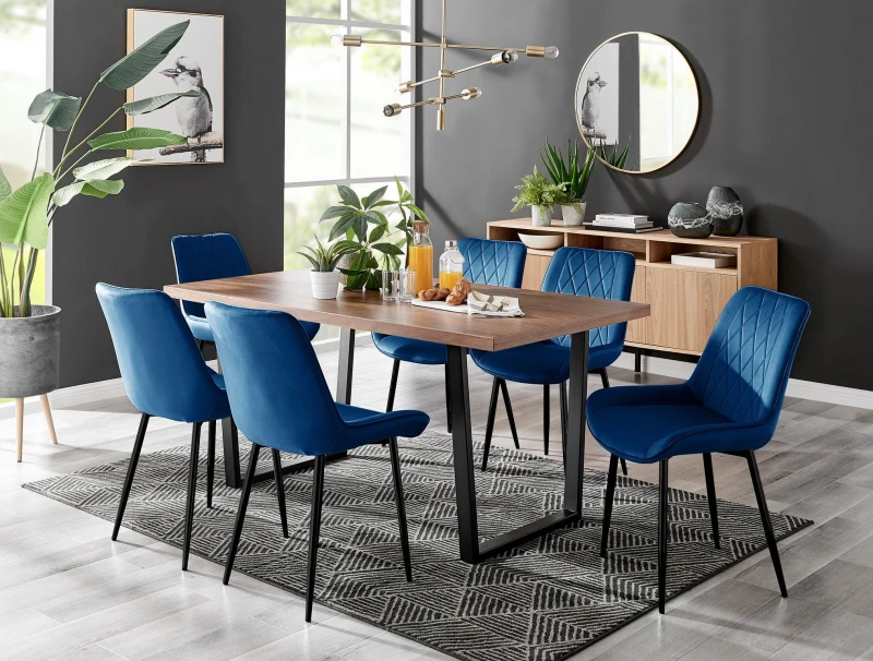 Image of FurnitureboxUK FurnitureboxUK Kylo Large Brown Wood Effect Dining Table & 6 Pesaro Velvet Black Leg Chairs in Navy Navy One Size Unisex 5056542672026