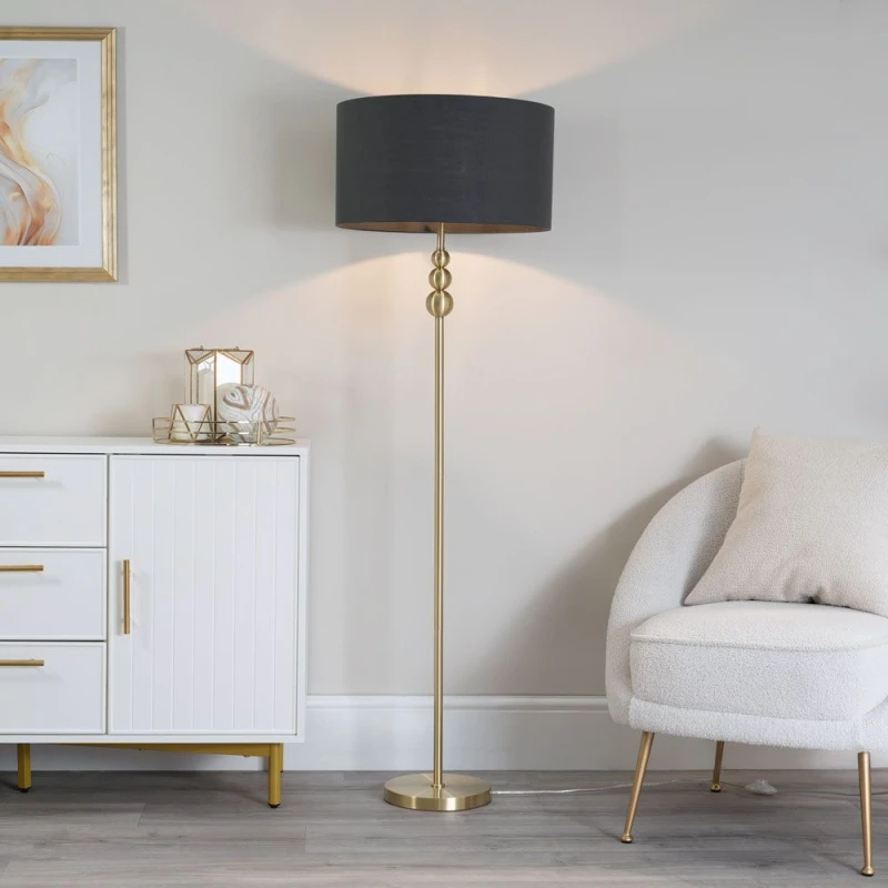 Image of ValueLights ValueLights Marissa Fabric Drum Shade with Brushed Gold Stacked Ball Floor Lamp in Charcoal Charcoal One Size Unisex 5059406046346