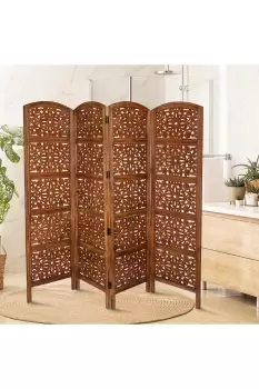 image of 4 Panel Carved Wooden Room Divider Screen Flower Design 183 x 202cm