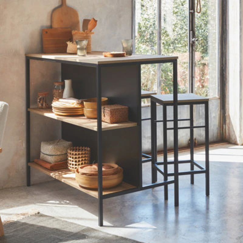 Image of sweeek Wood And Metal High Table With 2 Stools Light Brown