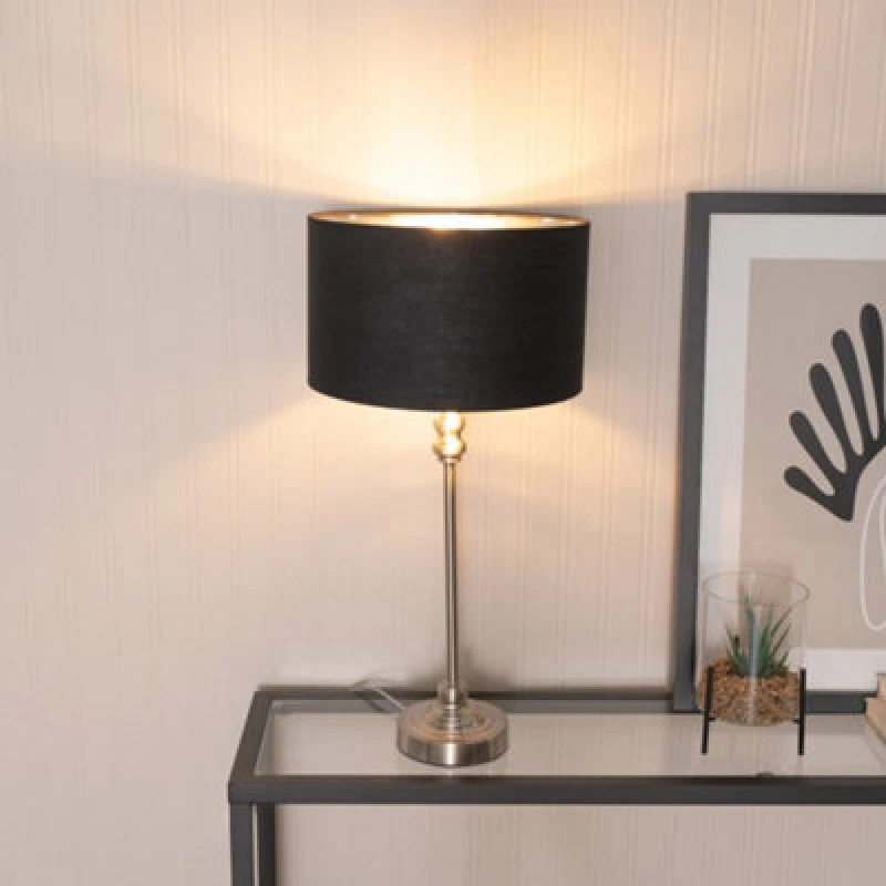 Image of ValueLights ValueLights Maggie Chrome Candlestick Table Lamp & Fabric Drum with Chrome Inner Lamp Shade in Black One Size Unisex 5059406061684