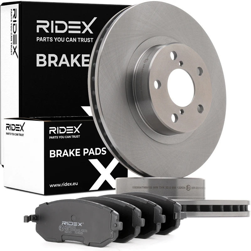 Image of RIDEX 3405B1015 Brake disc and pads set Front Axle, Brake Disc Type: internally vented Brake Set,disc brakes (3405)